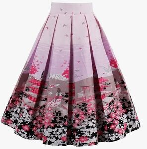 OBBUE Vintage Pleated Skirt Floral A-line Printed Midi Skirts